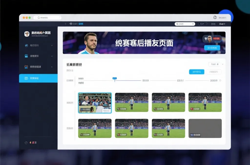 比赛结束后，电视屏幕展示集锦回放页面，旁边有时间轴和多角度切换提示